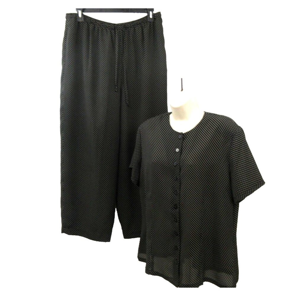 Chaus 2-Piece Pantsuit 14 Black Polka Dot Button Front Short Sleeve Top Pockets